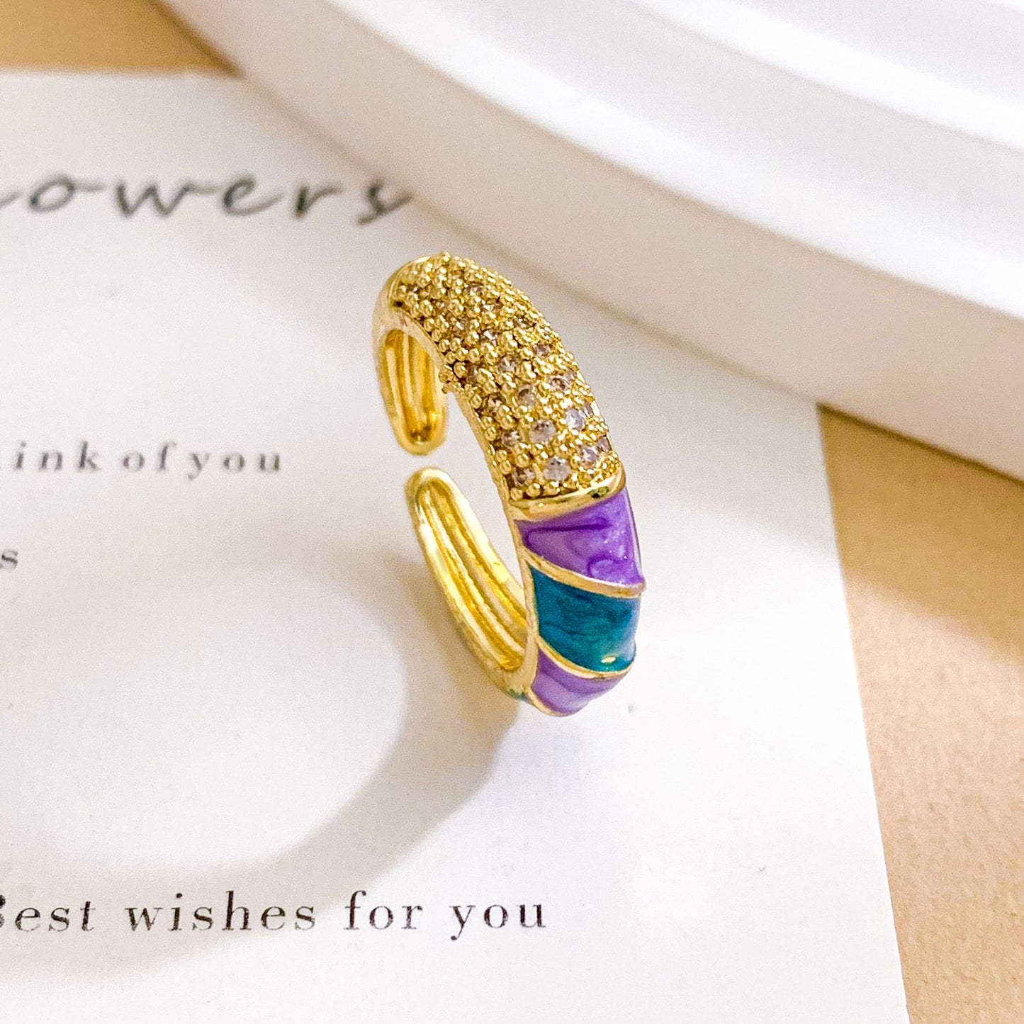 Minimalist Colorful Heart Drip Oil Gold Plated Brass Adjustable Ring for Women