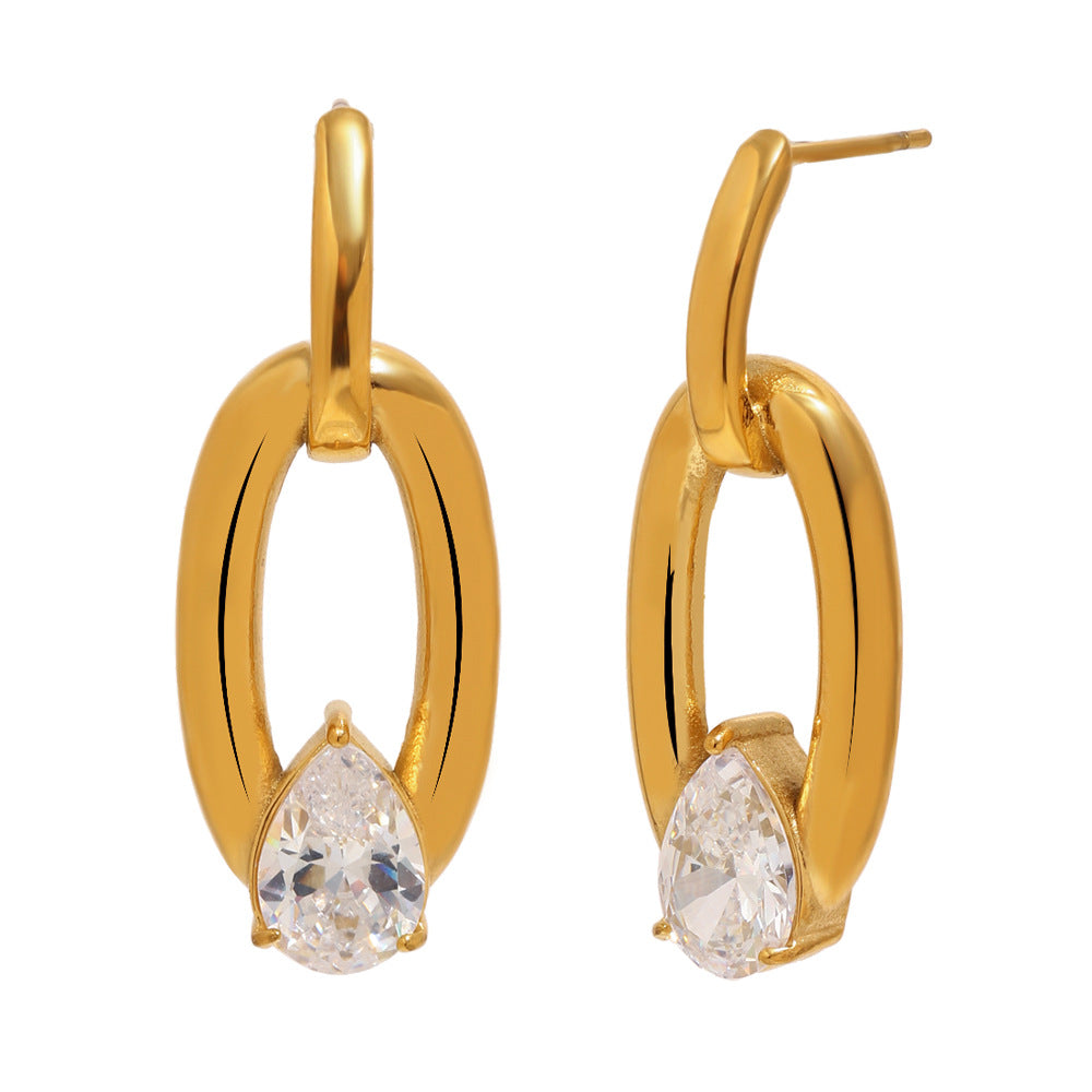 Minimalist Luxury 18K Gold Plated Stainless Steel Oval Teardrop Geometric Cubic Zirconia Earrings for Women