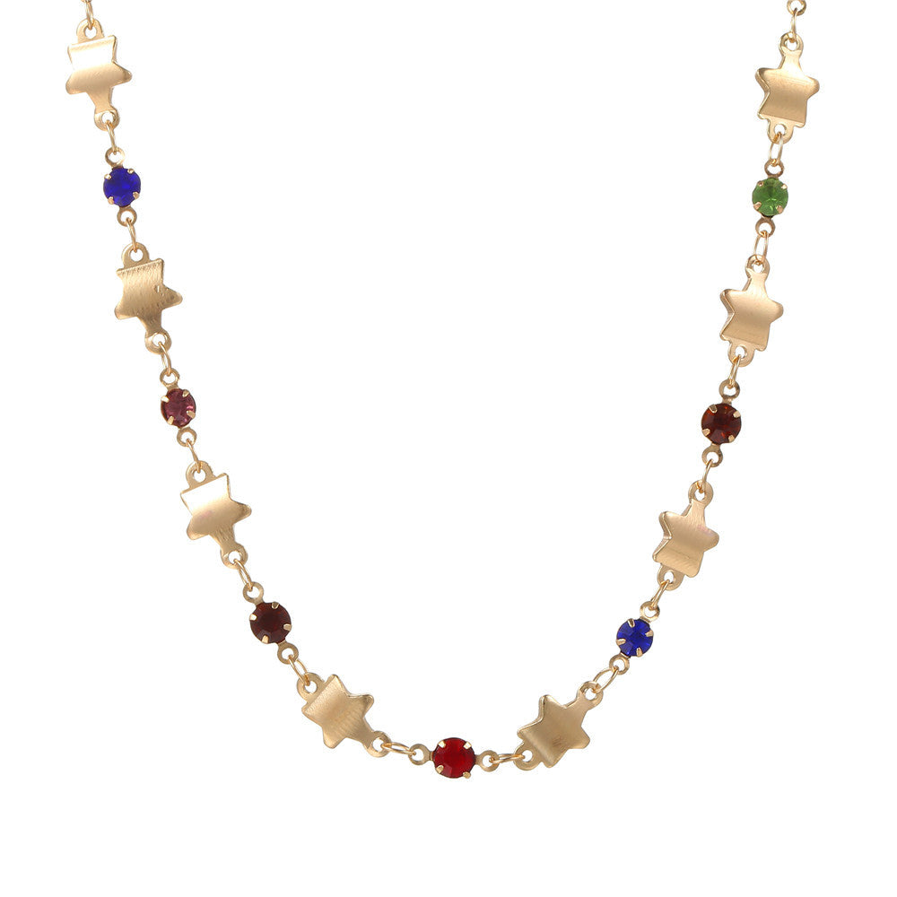 Creative Colorful Rhinestone Star Geometric Alloy Plated Ball Chain Necklace for Women