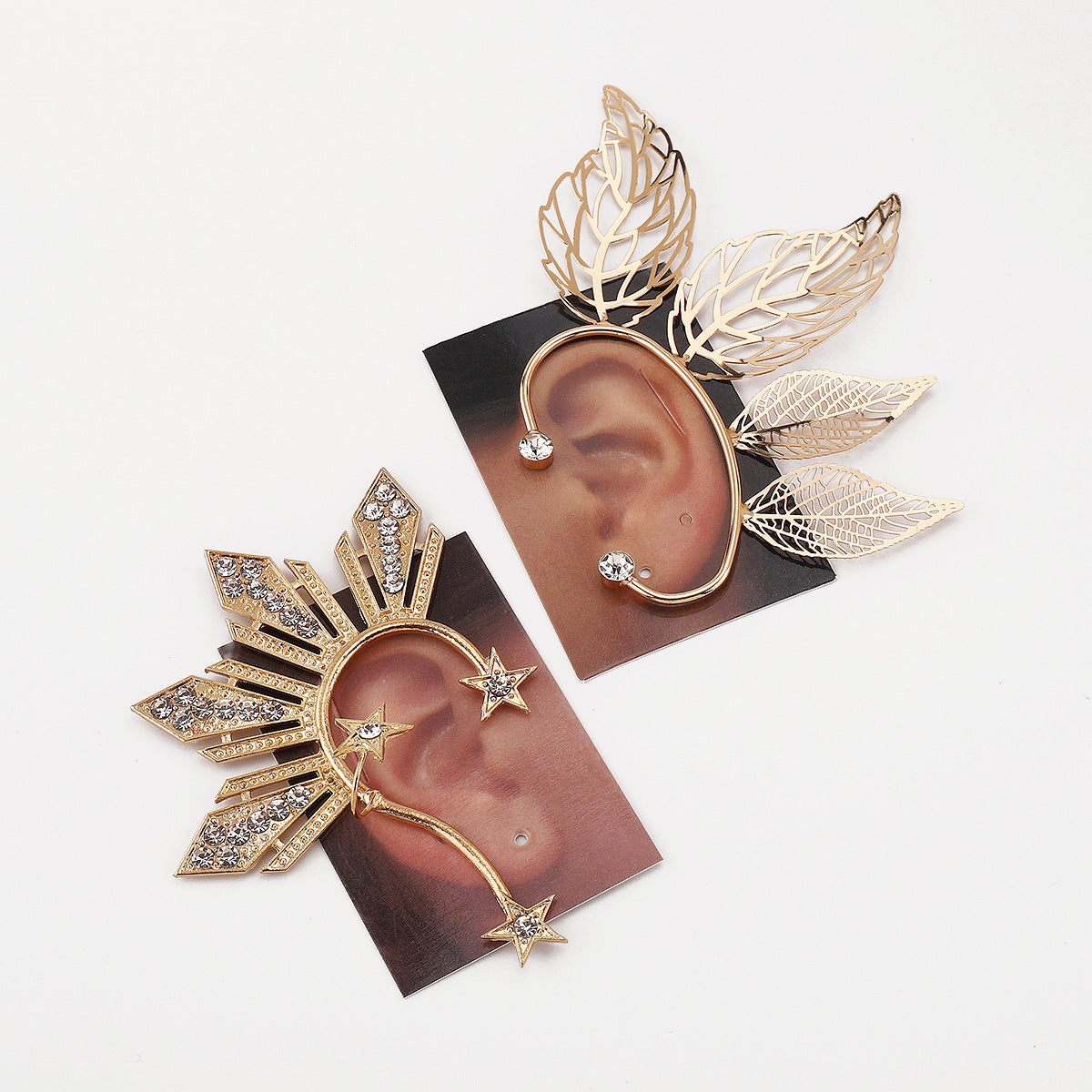 Bold Creative Gold-Plated Copper Leaf and Alloy Star Ear Cuff for Women with Rhinestone Inlay