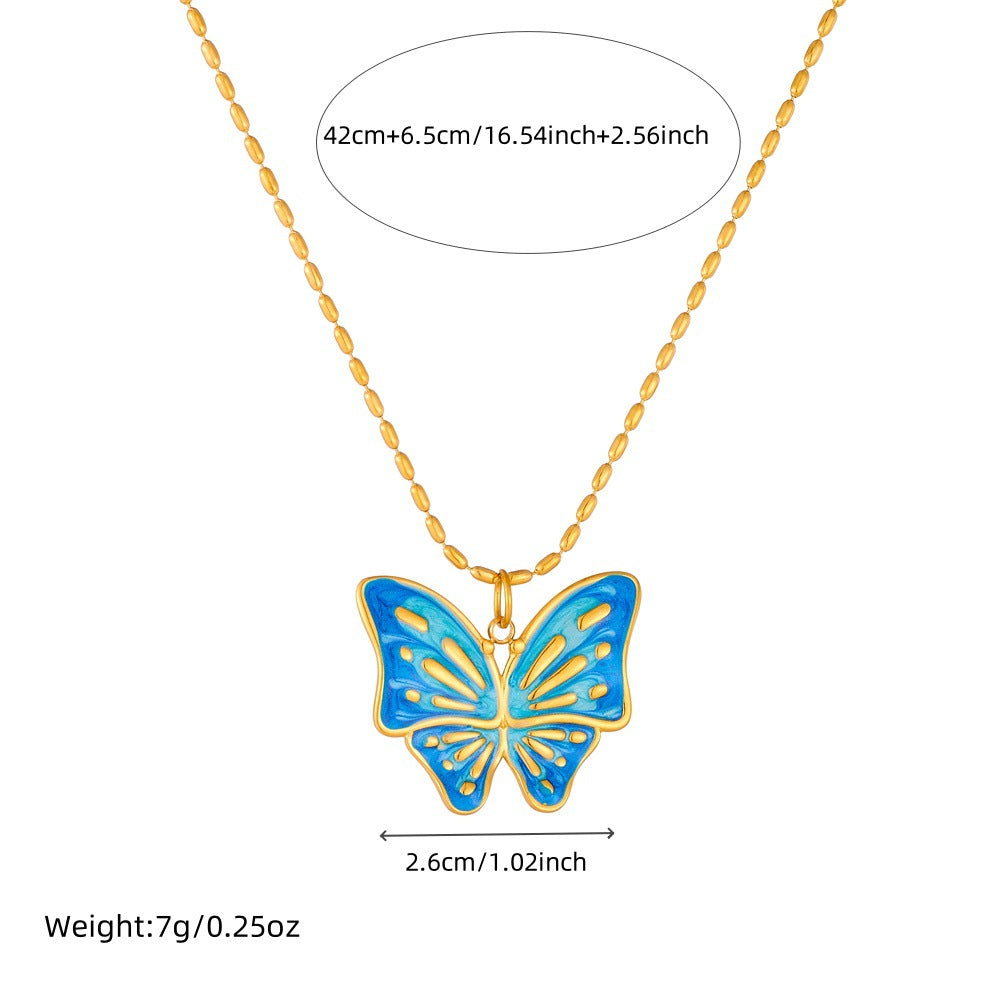 Sweet Blue Purple Gradient Drip Oil Butterfly Floral Stainless Steel Snake Chain Necklace