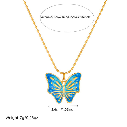 Sweet Blue Purple Gradient Drip Oil Butterfly Floral Stainless Steel Snake Chain Necklace