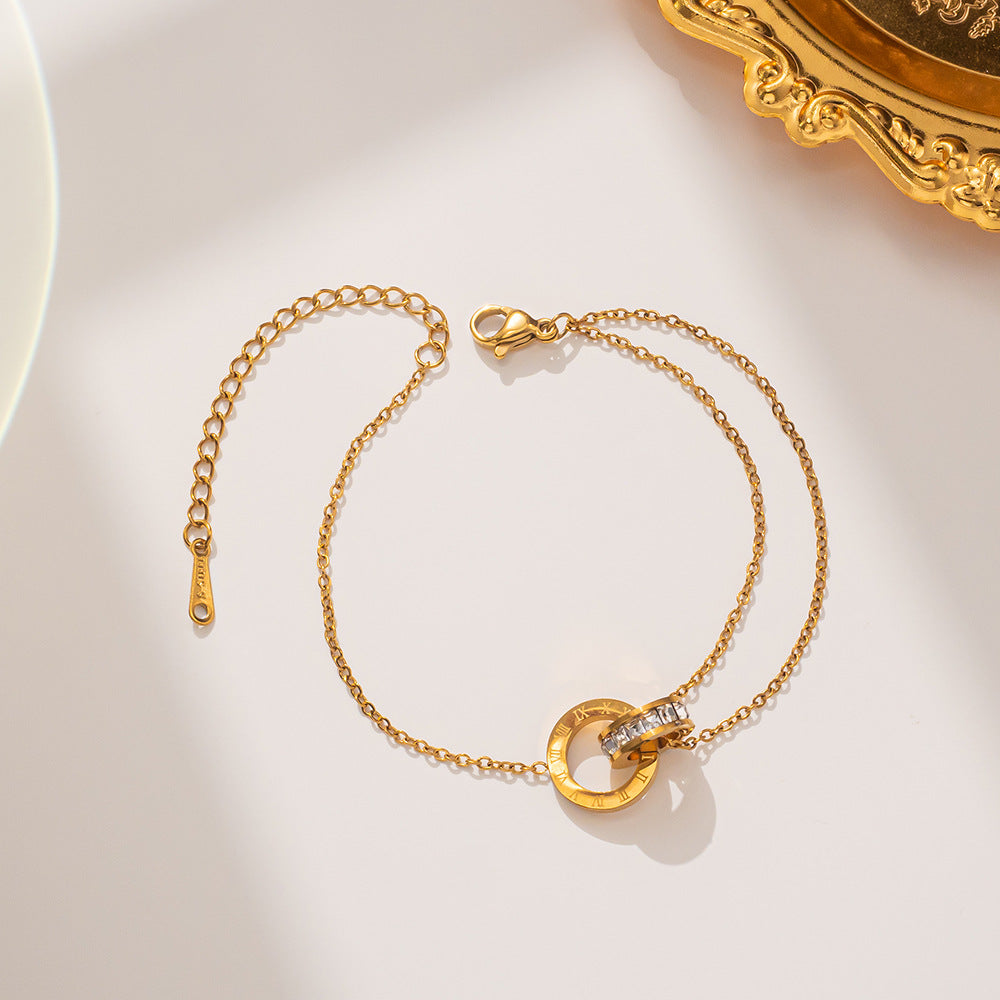 Minimalist Geometric Titanium Steel Bracelet with Rhinestone-Set Roman Numerals and 18K Rose Gold Plating for Women