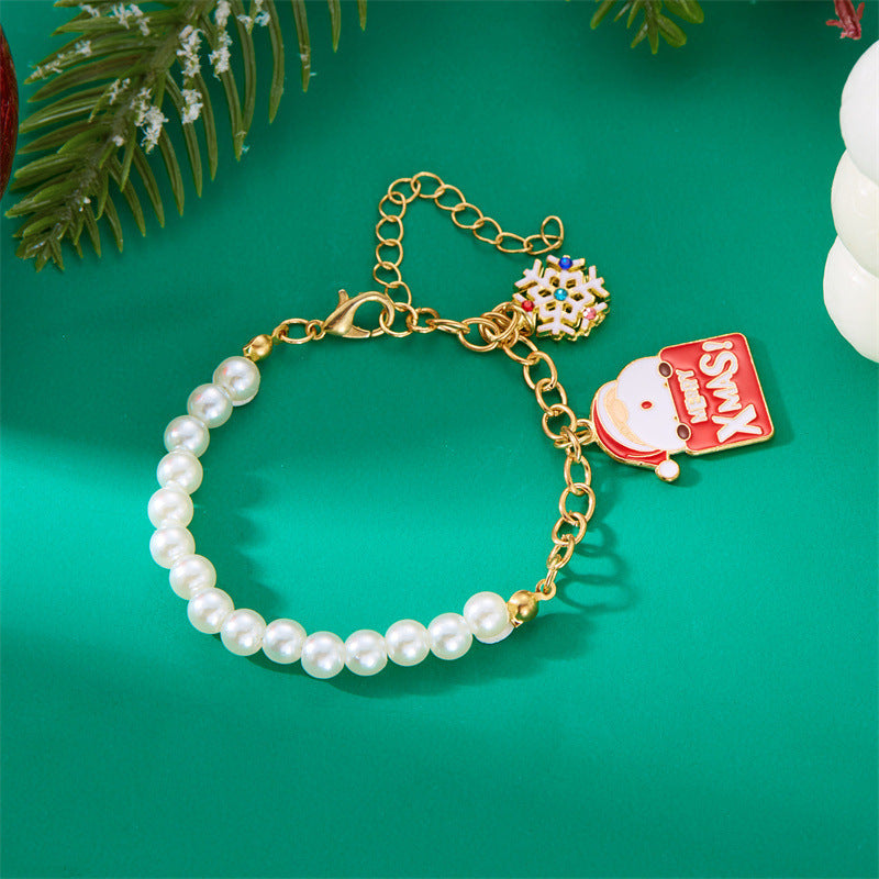 Pulsera de abalorios de Papá Noel de moda para mujer, chapada en aleación con acabado de esmalte, diseño de personaje de dibujos animados, joyería temática navideña
