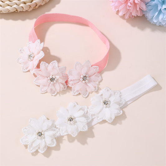 Diadema de tela infantil con adornos de perlas y encaje, diseño geométrico para niñas de 6 a 10 años