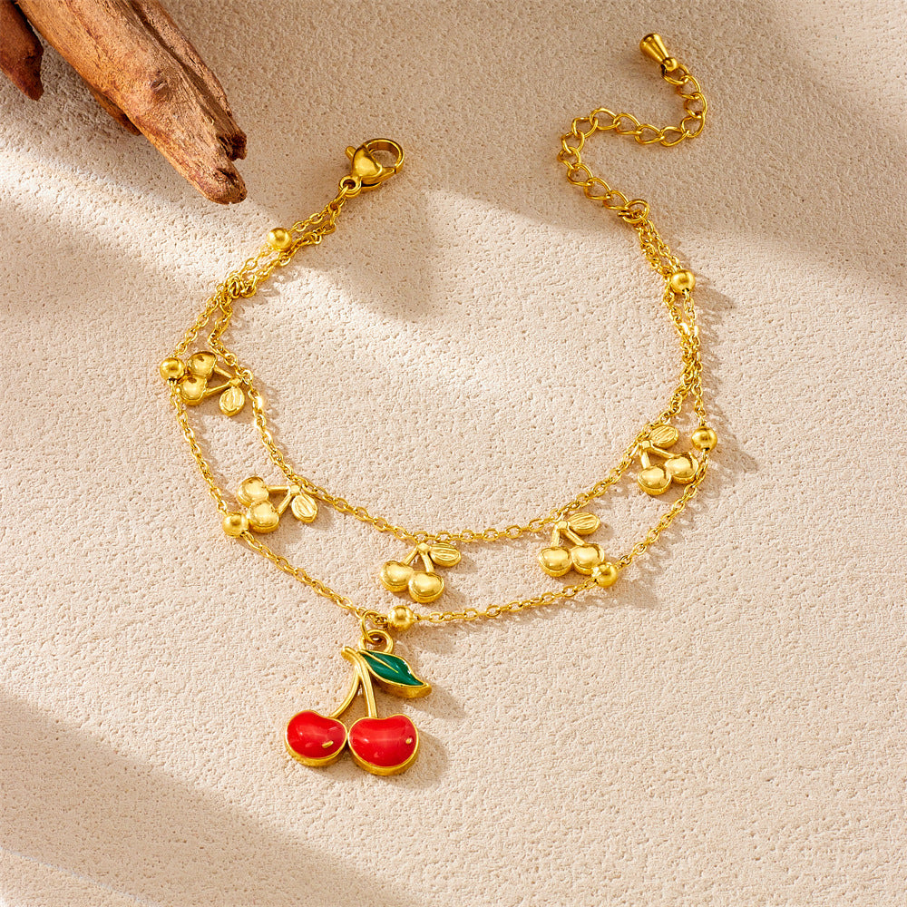 Minimalist Sweet Drip Oil Plated Stainless Steel Rhinestone Cherry Fruit Pendant Necklace and Bracelet Set with Singapore Chain for Women