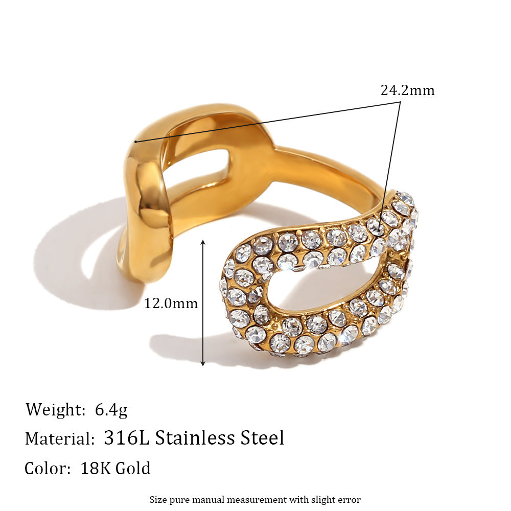 Anello da donna in acciaio inossidabile con design geometrico minimalista, placcatura in oro 18 carati e strass micro-pavé