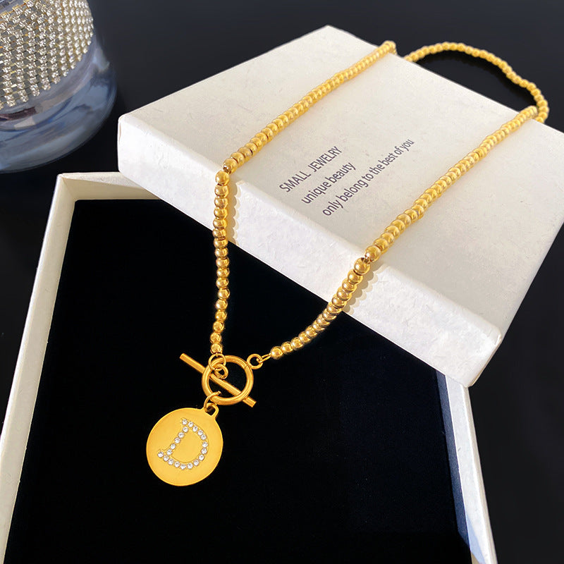 Vintage Rhinestone Inlaid Round Letter Geometric Titanium Steel Necklace with OT Clasp