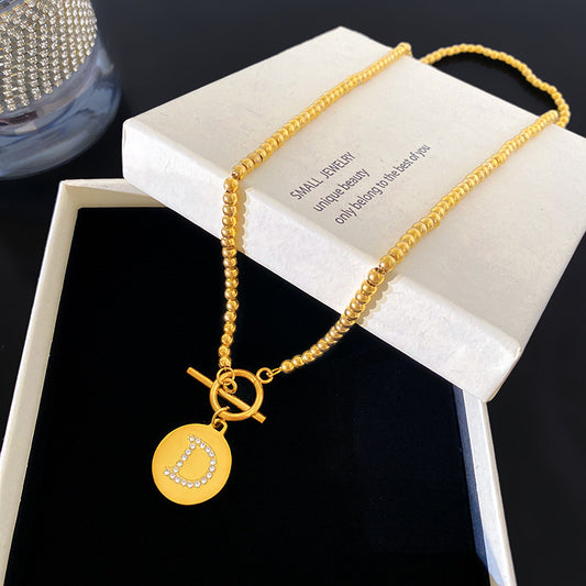 Vintage Rhinestone Inlaid Round Letter Geometric Titanium Steel Necklace with OT Clasp