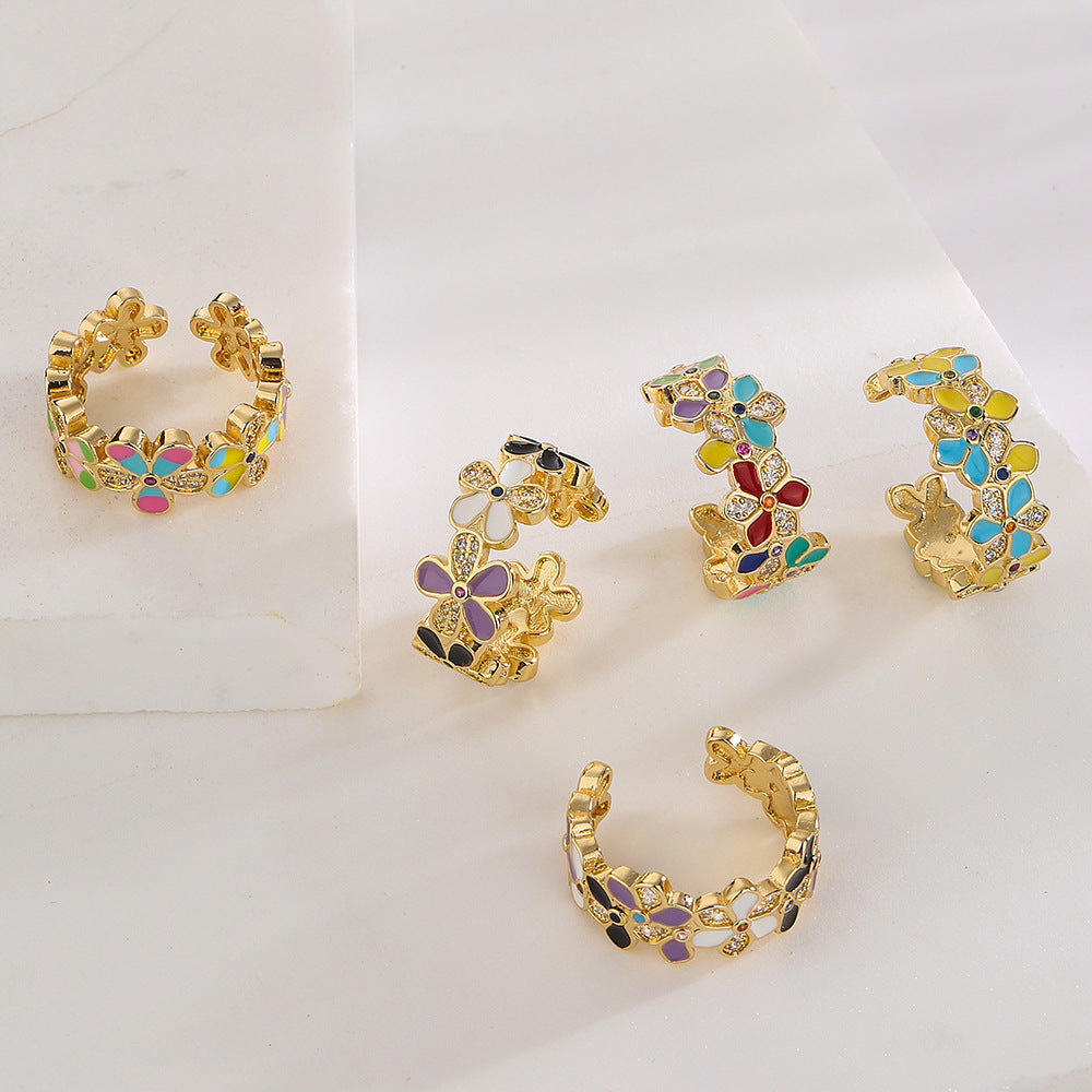 Minimalist Geometric Floral Drip Oil Cubic Zirconia Inlay Gold Plated Brass Ring for Women