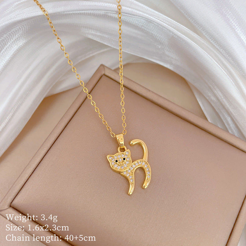 Minimalist Scared Cat Pendant Necklace for Women Stainless Steel Snake Chain with Rhinestone Accents Geometric Design