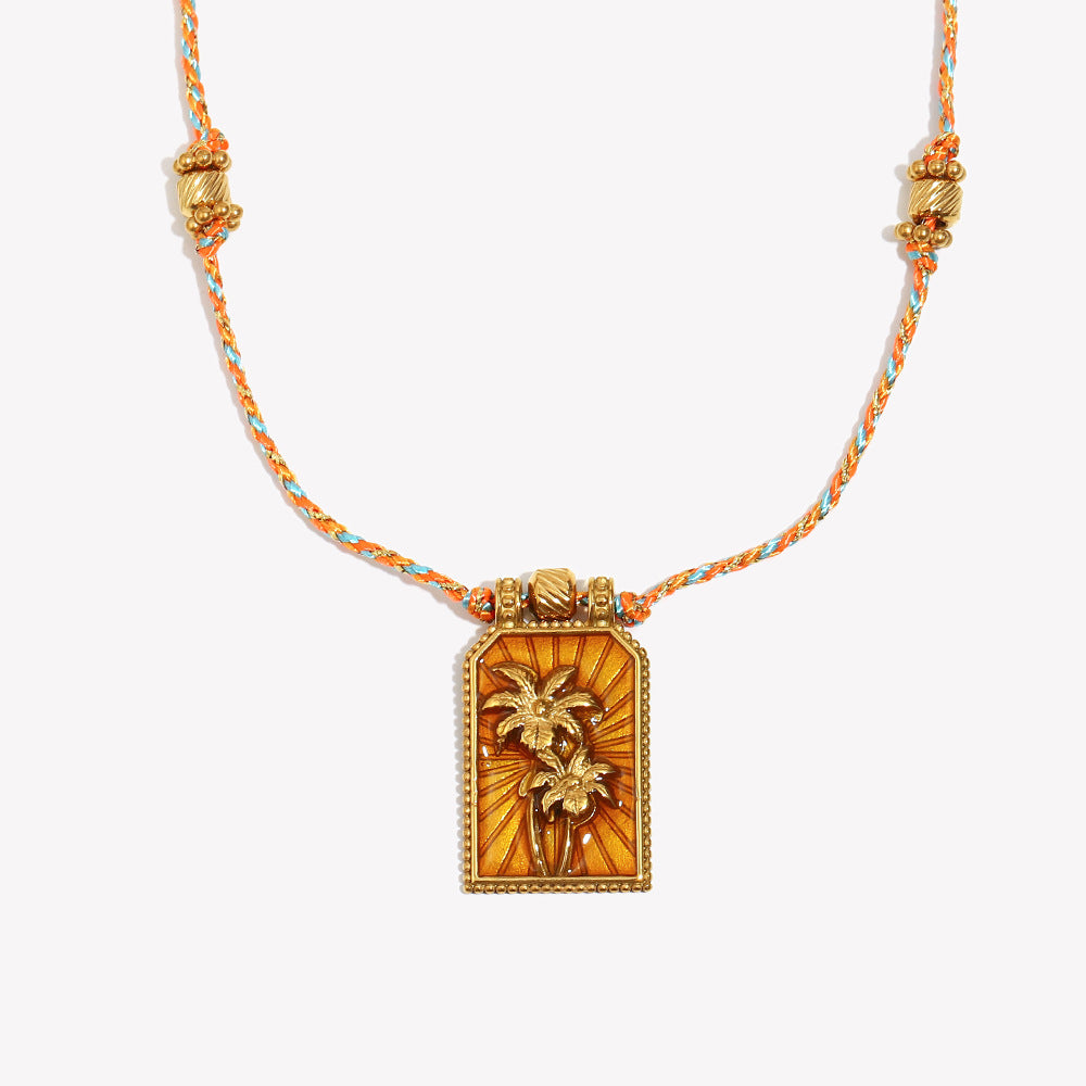 Minimalist Geometric Stainless Steel Plated 18K Gold Coconut Tree Tarot Pendant Necklace for Women with Enamel Detail and Colorful Braided Cord