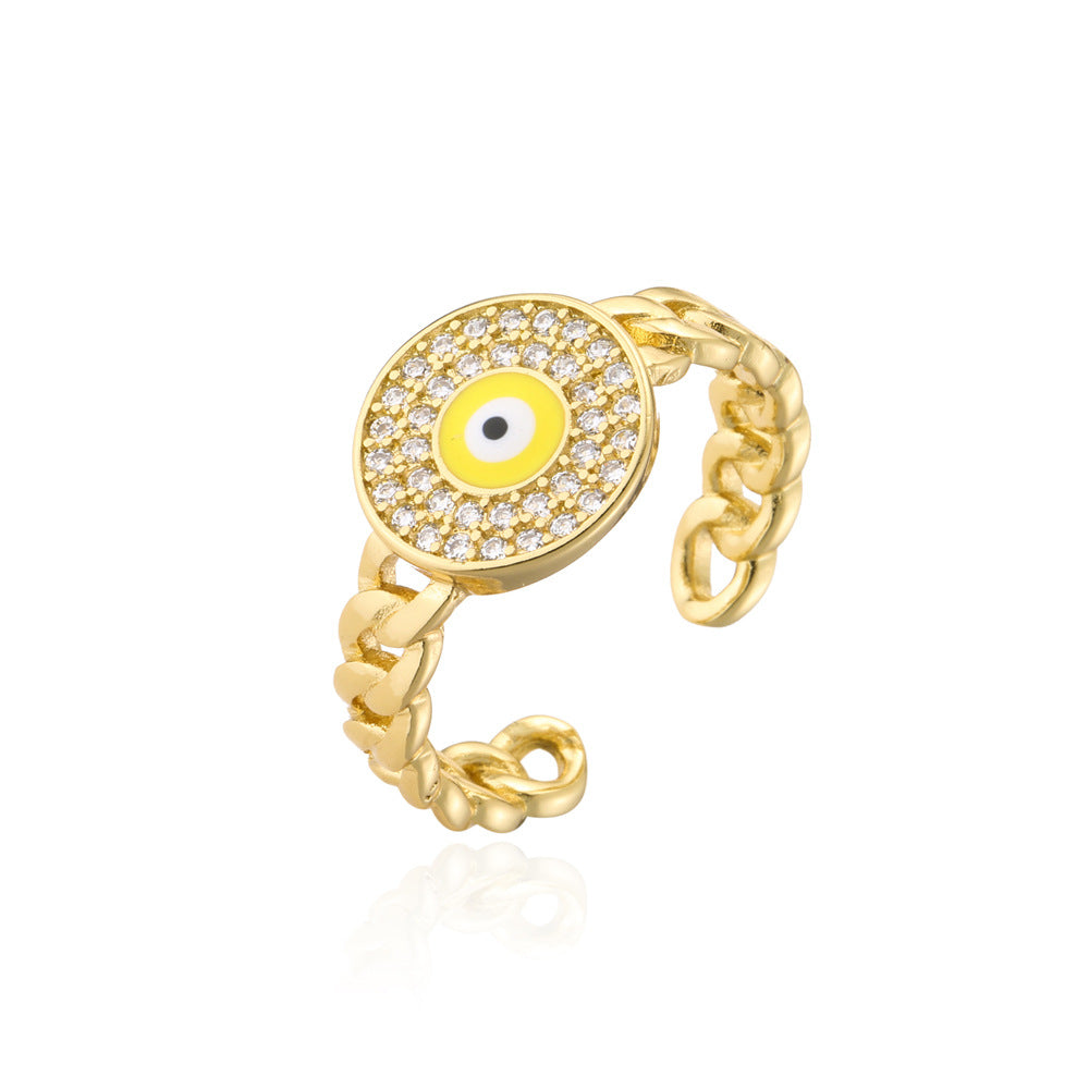 Anello Minimalista Geometrico Aperto da Motociclista in Rame con Occhio di Allah in Smalto e Intarsio di Zirconi