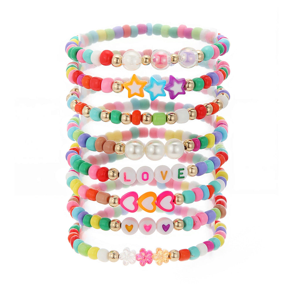 Sweet Minimalist Candy Color Heart Flower Glass Beaded Bracelet with Letter Charm