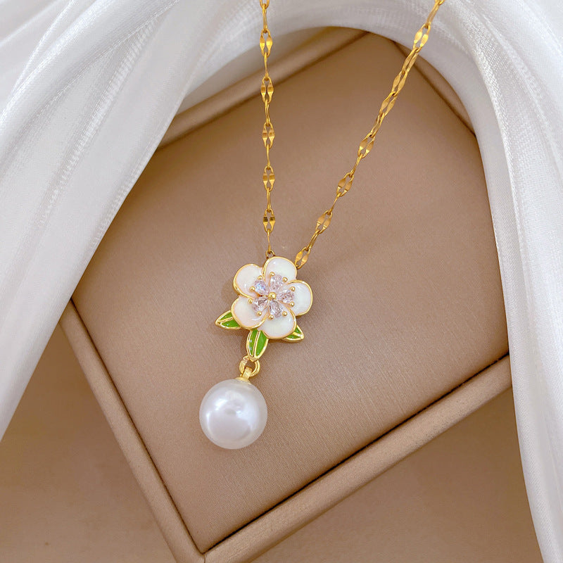 Sweet Elegant Floral Drip Oil Pearl Rhinestone Pendant Necklace Titanium Steel Cable Chain Unisex