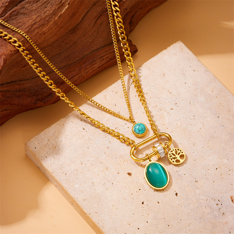 Collana Pendente Quadrata Turchese Minimalista Vintage con Catena Serpente Doppia Strato in Acciaio Inossidabile Placcato Oro