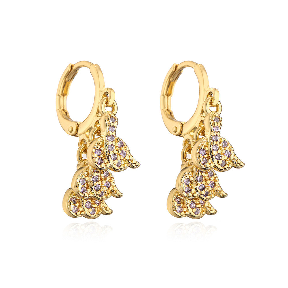Geometric Snake-Shaped Copper Earrings with Zircon Inlay and 18K Gold Plating for Women