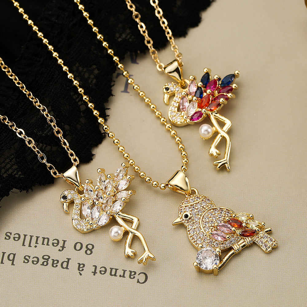Minimalist Flamingo Pendant Necklace for Women in Copper with Colorful Zircon Inlay