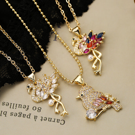 Minimalist Flamingo Pendant Necklace for Women in Copper with Colorful Zircon Inlay