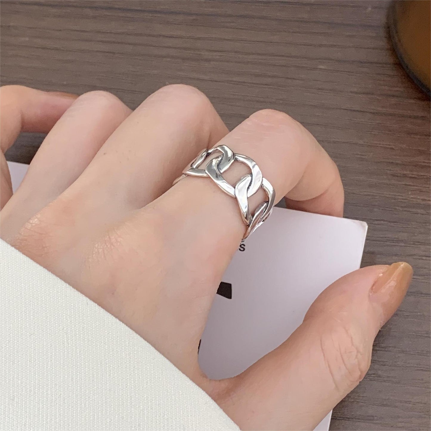 S925 Sterling Silver Vintage Minimalist Square Bar Open Ring for Women Mesh Texture Adjustable Band