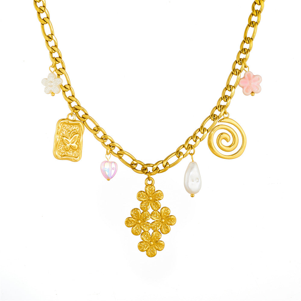 Fashionable Gold-Plated Stainless Steel Floral Butterfly Diamond Square Pendant Necklace with Cuban Chain for Women