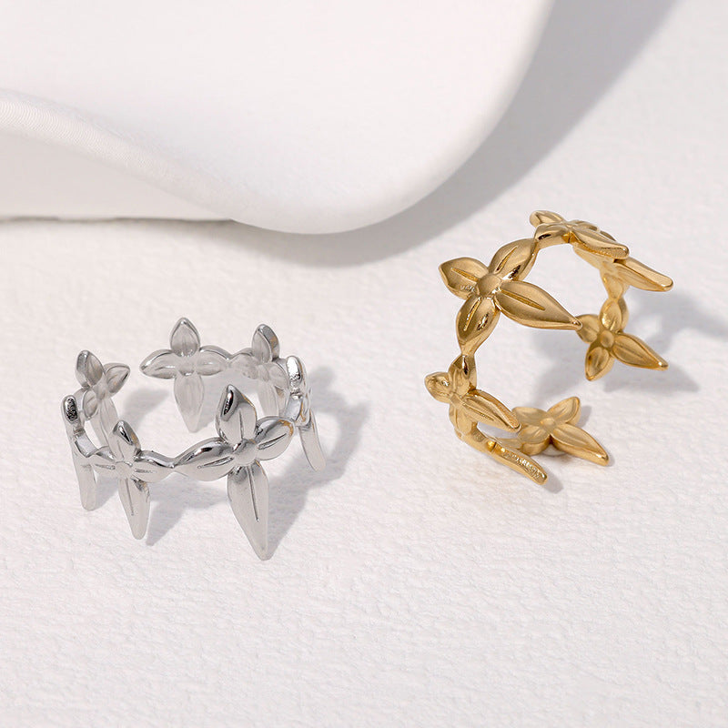 Minimalist Leaf-Shaped Adjustable Stainless Steel Ring with Plated Finish for Women