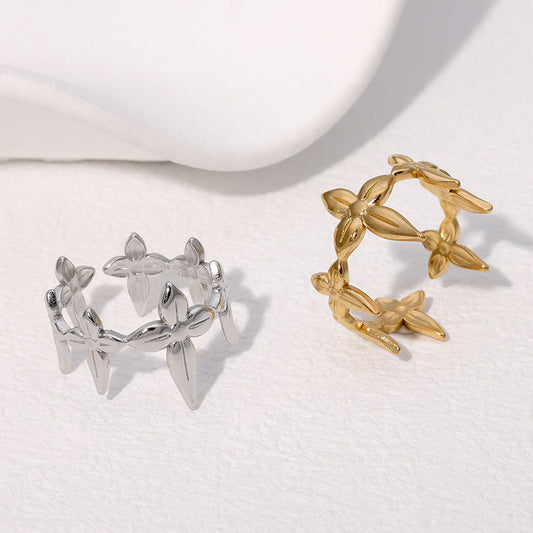 Anello Minimalista Regolabile a Forma di Foglia in Acciaio Inossidabile Placcato per Donne