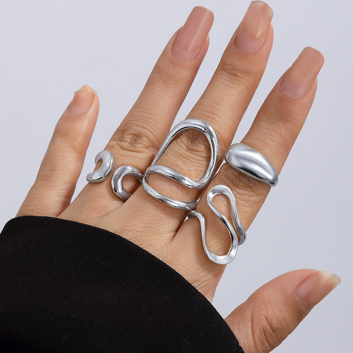 Minimalist Geometric Hollow Liquid-Design Alloy Ring Set with Polished Finish for Women