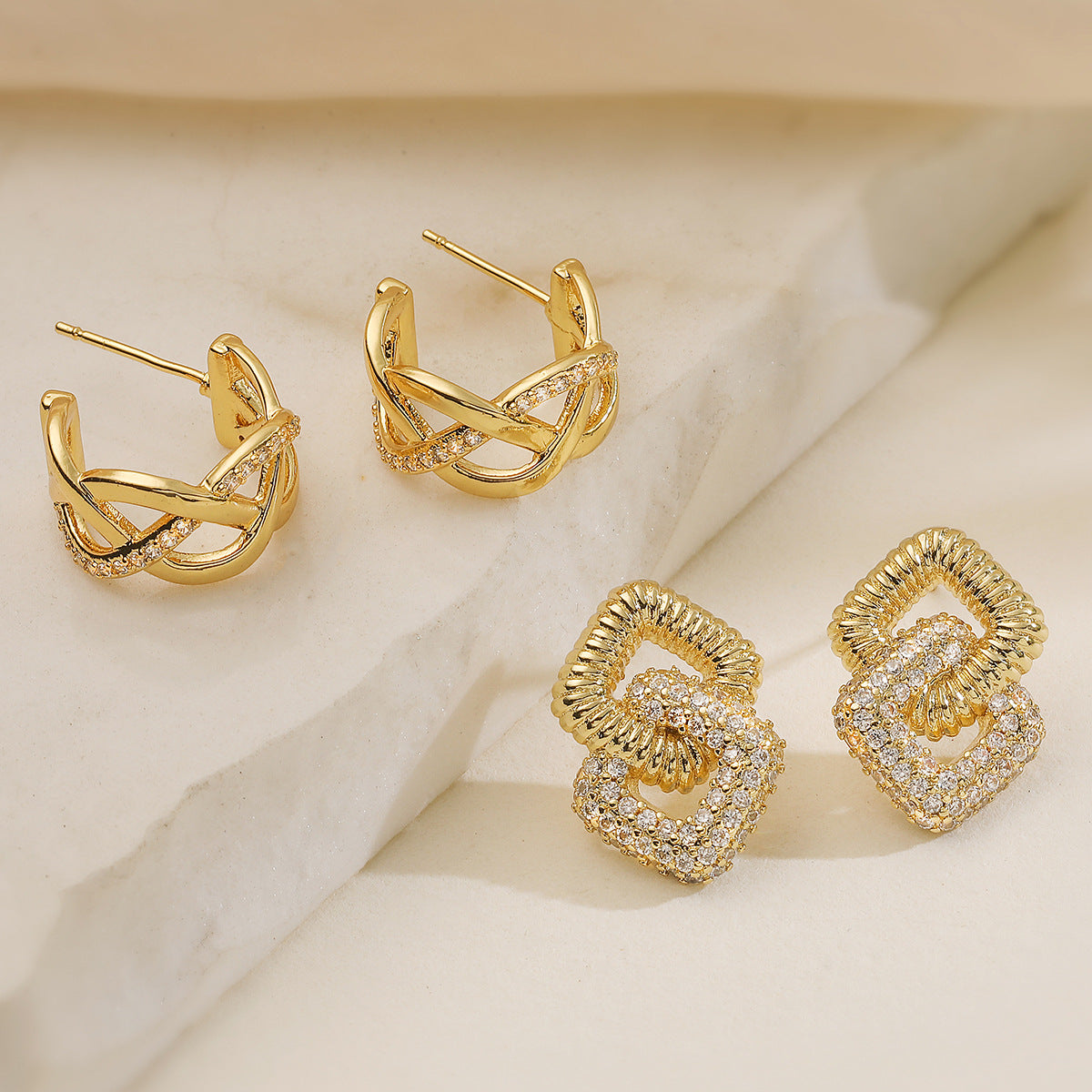 Minimalist Luxury Geometric Gold Plated Brass Stud Earrings with Cubic Zirconia for Women