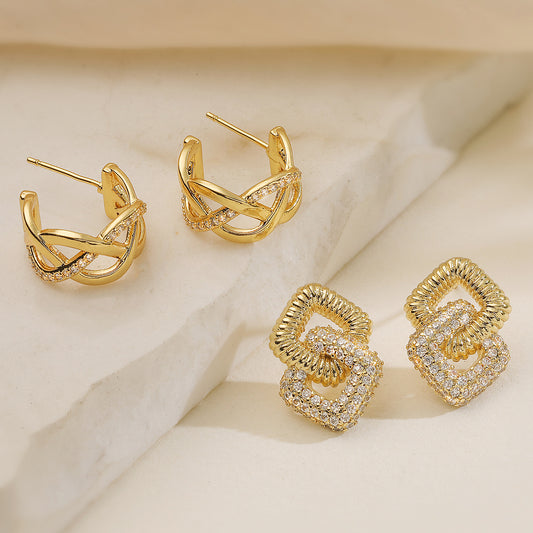 Minimalist Luxury Geometric Gold Plated Brass Stud Earrings with Cubic Zirconia for Women