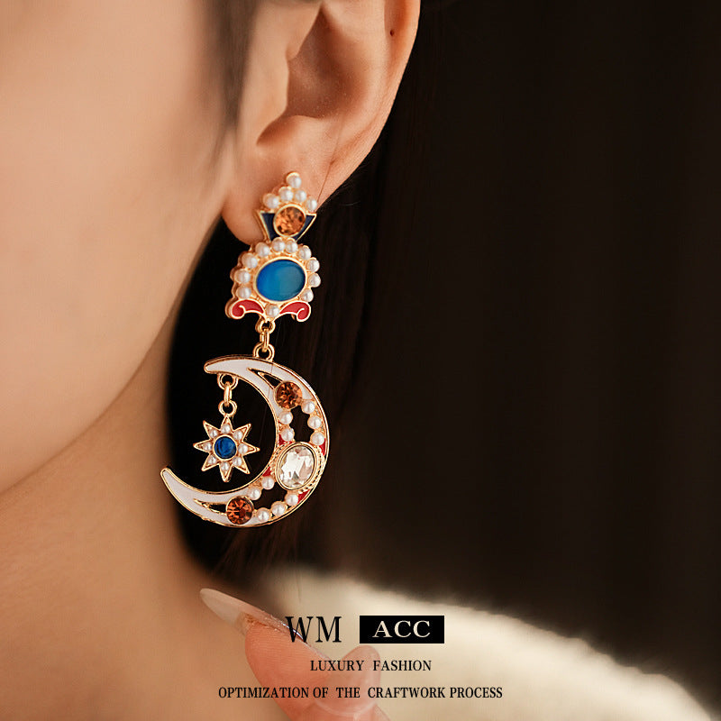 Vintage Floral Star Moon Pearl Stud Earrings with Rhinestone Inlay and Stainless Steel Posts for Women