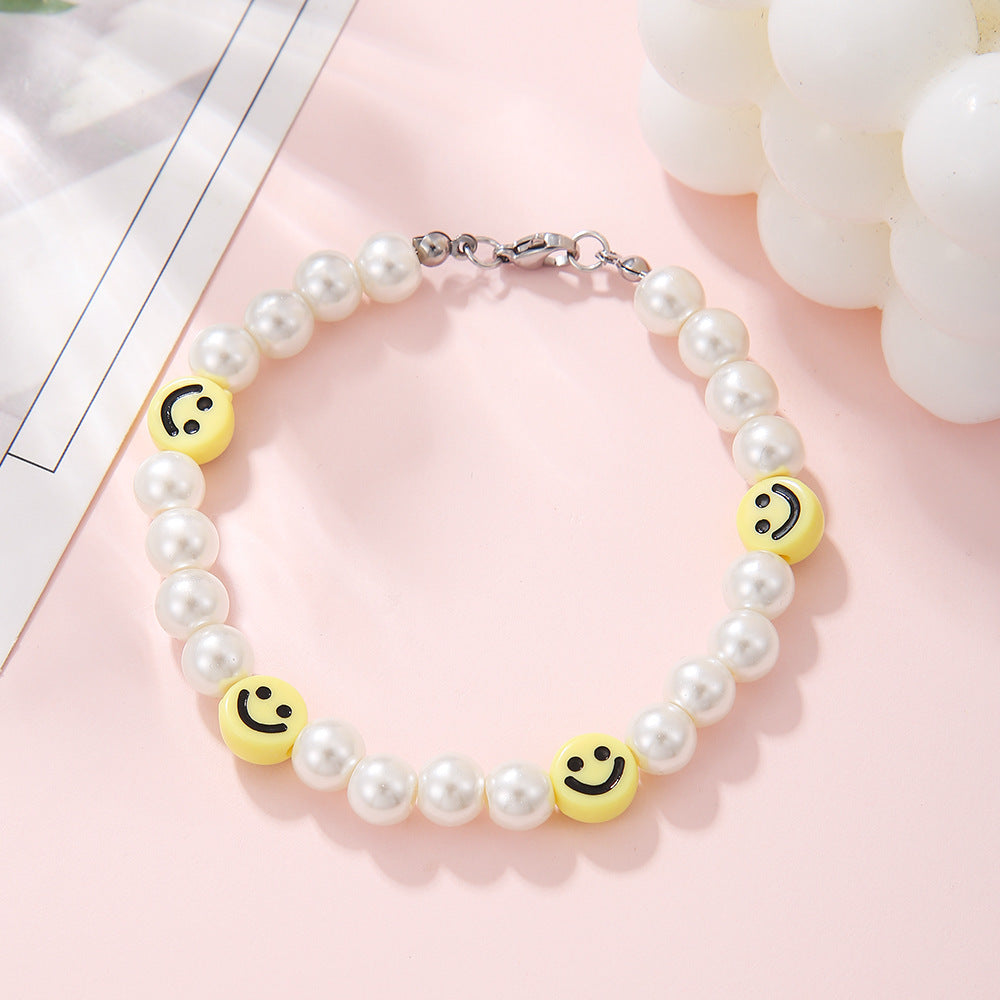 Hip-hop Geometric Resin Imitation Pearl Smile Face Bracelet for Unisex