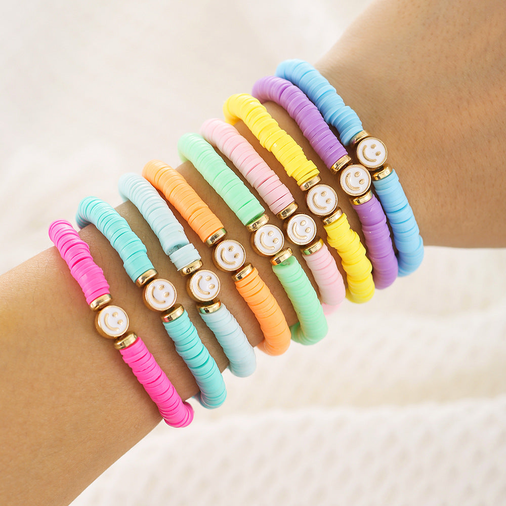 Bohemian Colorful Resin Drip Oil Round Geometric Smile Face Stacking Bracelet Set