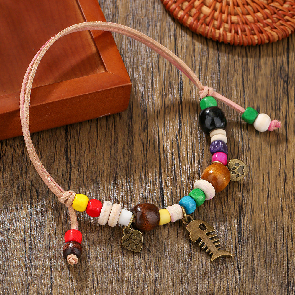 Handmade Natural Wood Bead Pet Necklace with Adjustable Double Layer Rope Chain for Dogs Cats and Animals in Heart Shape