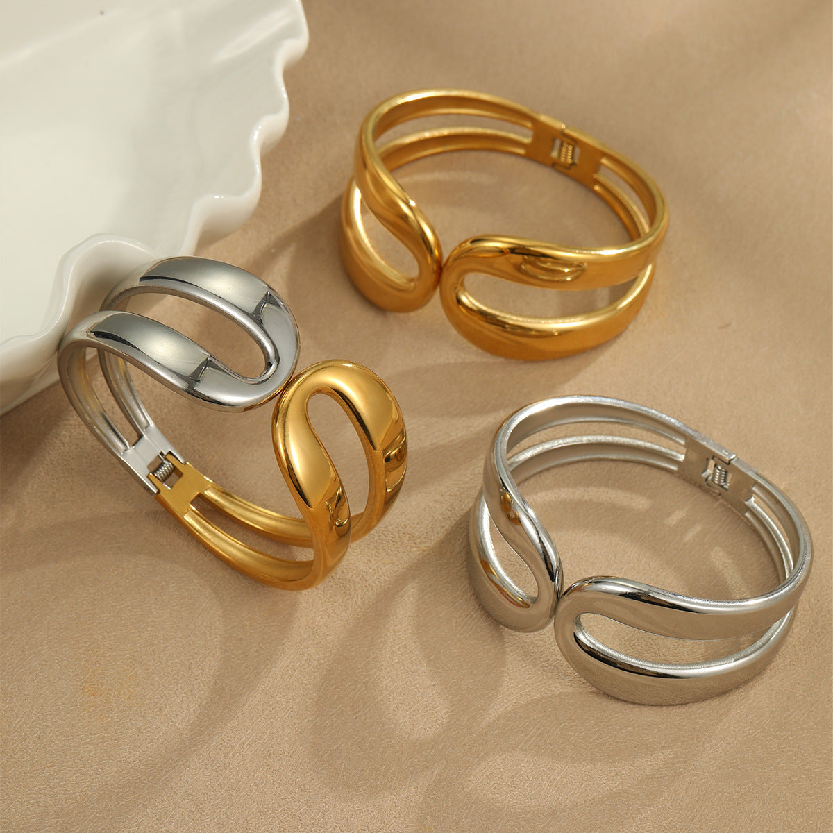 Geometric Stainless Steel Bracelet with Gold-Tone Plating for Women Minimalist Punk Fashion Accessory
