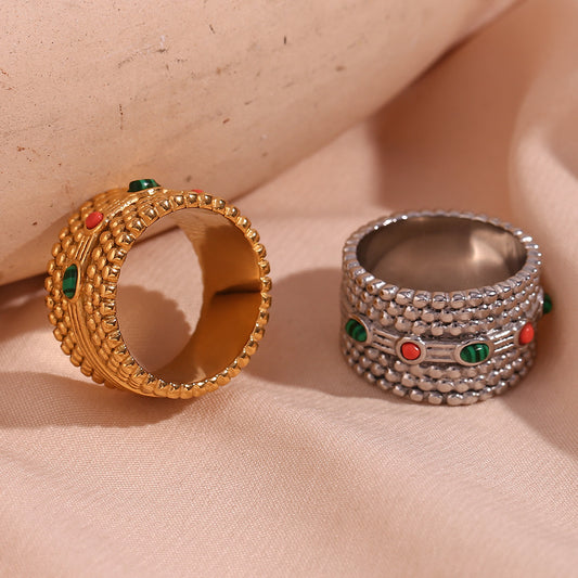 Bohemian Vintage Geometric Dot Pattern Ring for Women in Stainless Steel with 18K Gold Plating and Natural Stone Accent
