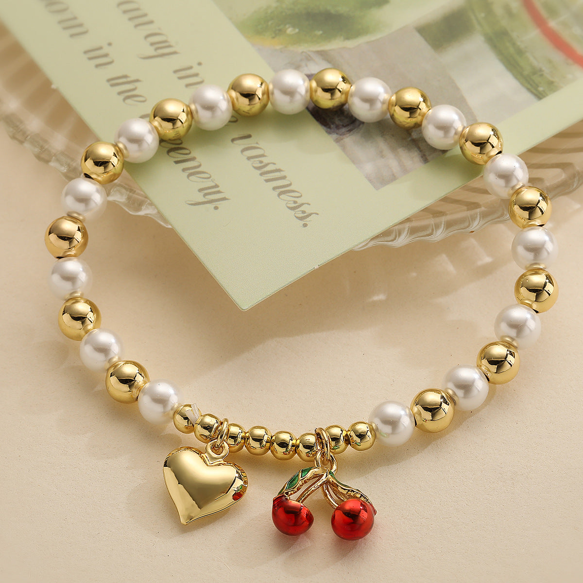 Fashion-Commuter Cherry and Heart-Shaped Pearl Beaded Bracelet for Women with Gold Plating on Copper
