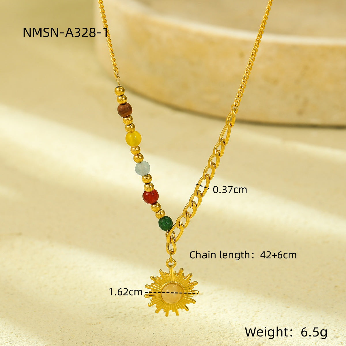Collana pendente minimalista a forma di sole da donna in acciaio al titanio con placcatura in oro 18 carati e intarsio in pietra occhio di gatto