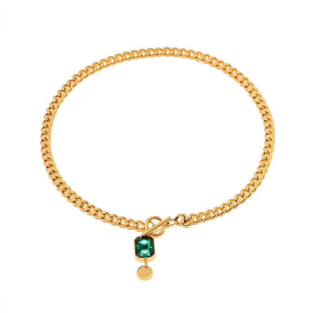 Irregular Geometric Square Emerald Cubic Zirconia Plated Titanium Steel Pendant Cuban Link Chain Necklace for Women