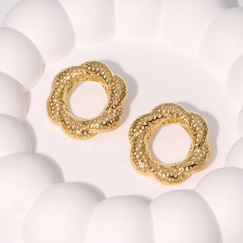 Fashion Geometric Hammered Floral Hoop 18K Gold Plated Stainless Steel Earrings for Women