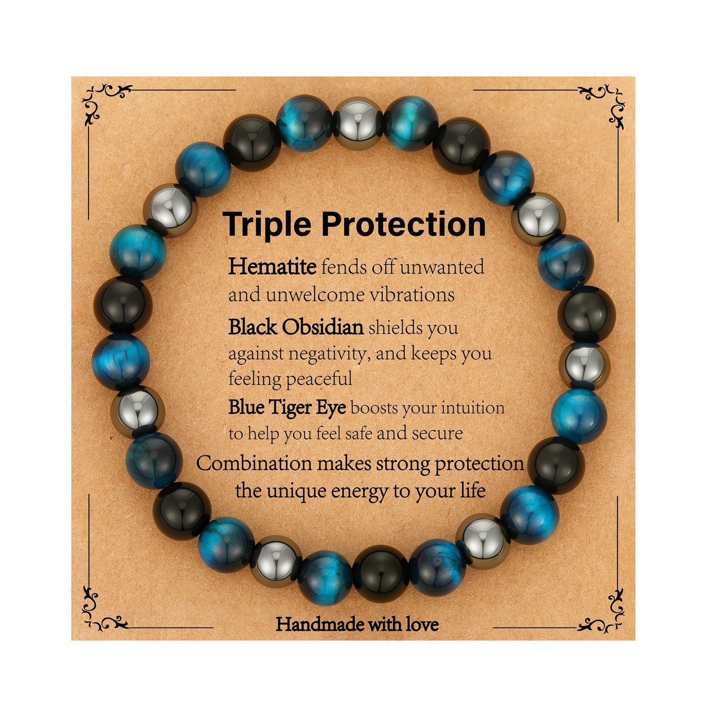 Minimalist 8mm Polished Tiger Eye and Obsidian Beaded Bracelet Unisex Elastic Cord
