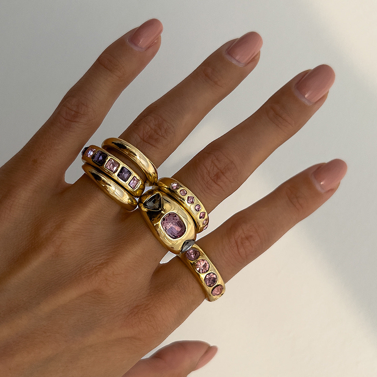 Vintage Geometric Alloy Ring Set with Micro-Pavé Colorful Inlay for Women Stackable Finger Rings