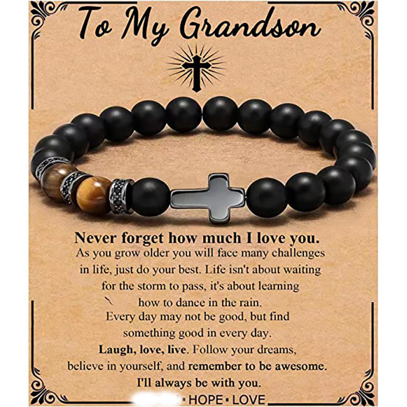 Minimalist Matte Black Beaded Bracelet with Small Cross Pendant Unisex Gift