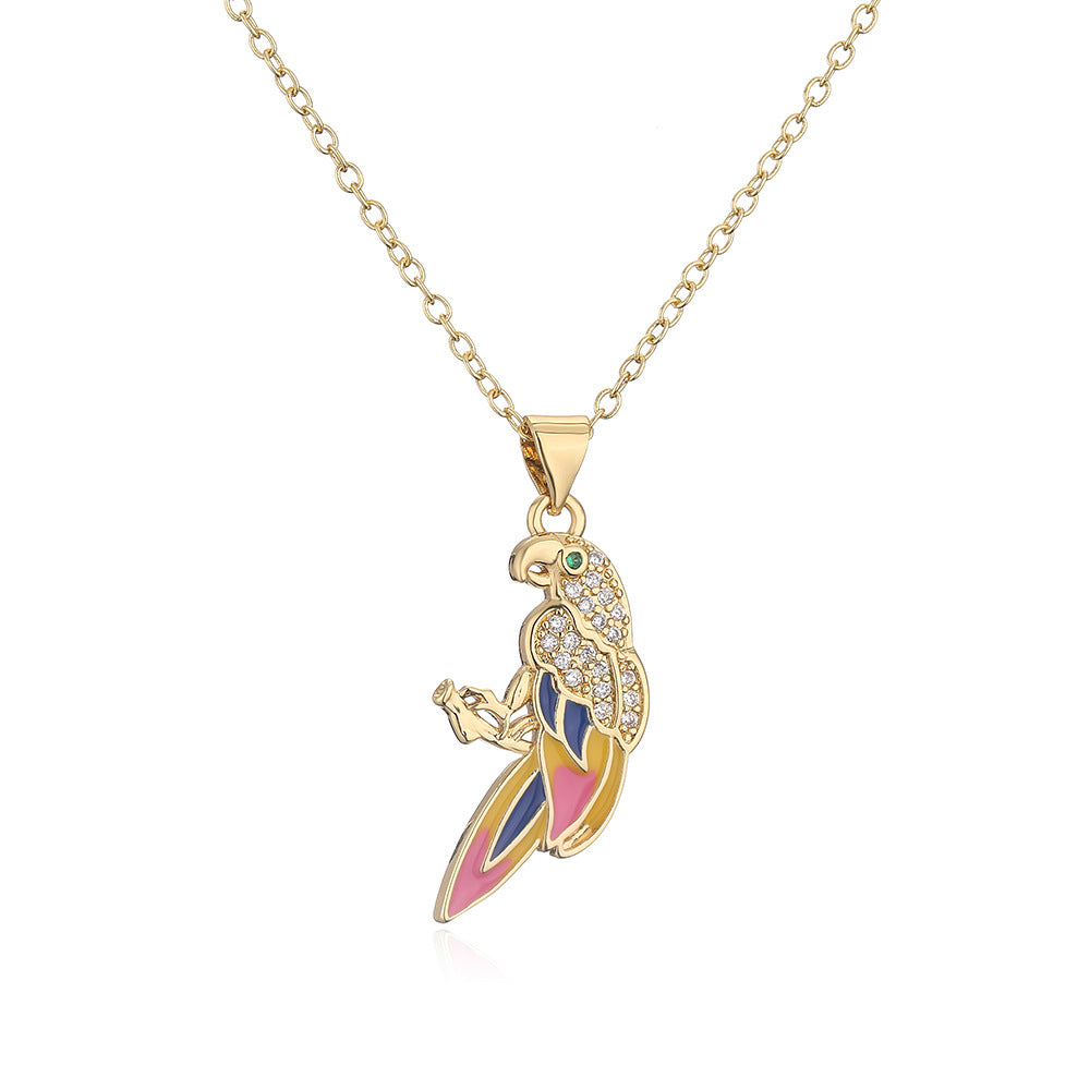 Vintage 18K Gold Plated Enamel Zircon Love Bird Geometric Pendant Necklace for Women