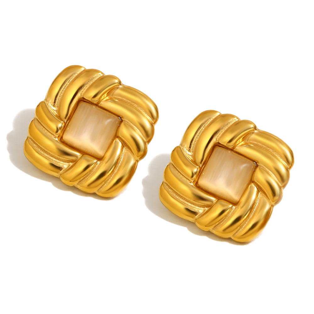 Fashion Vintage Geometric Square Cat Eye Stud Earrings Stainless Steel 18K Gold Plated for Women