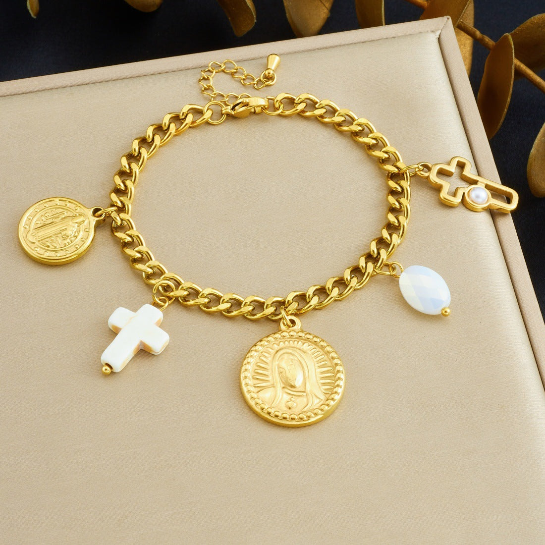 Vintage Elegant Oval Cross Relief Stainless Steel Pendant Necklace Set for Women