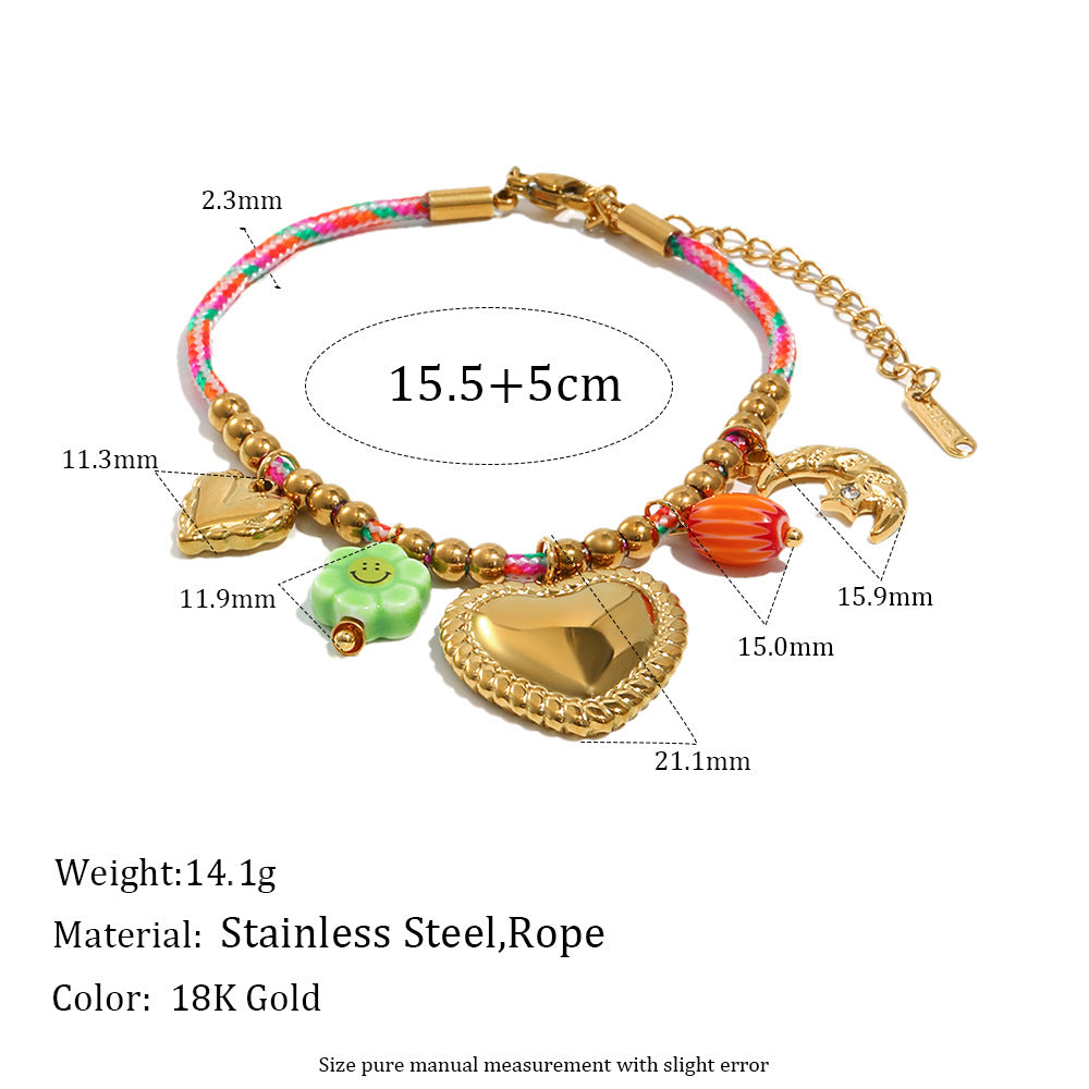 Luxury Geometric Heart Pendant Necklace in Stainless Steel with 18K Gold Plating and Beaded Rope Chain for Women