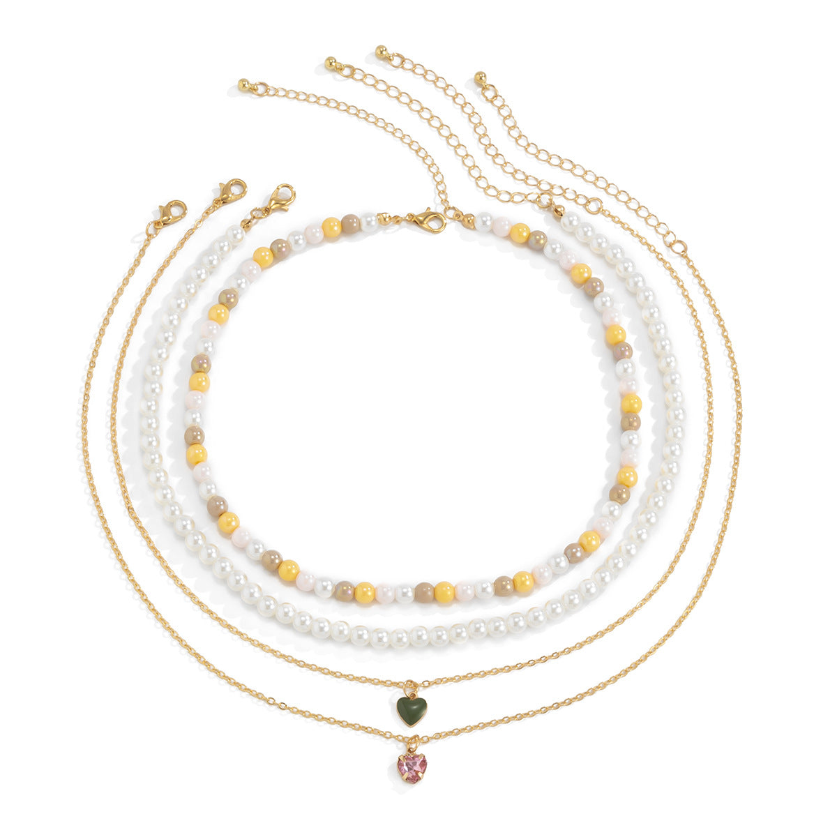 Retro French Palace Style Heart-Shaped Alloy Necklace Set with Rhinestone Inlay for Women Multi-Layered Geometric Pendant Jewelry