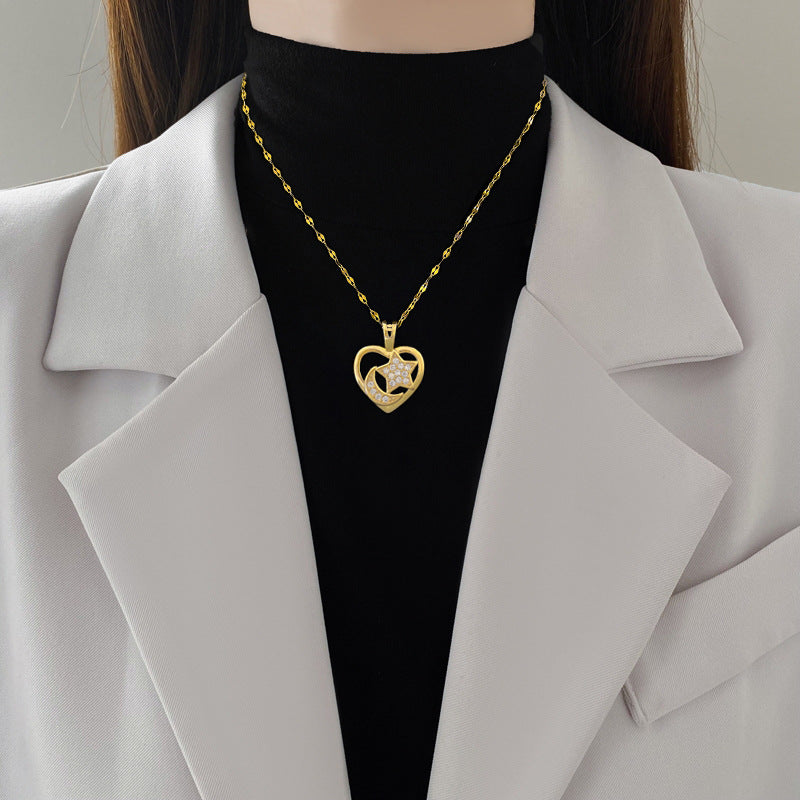Sweet Elegant Heart Moon Star Geometric Rhinestone Plated Titanium Steel Necklace for Unisex