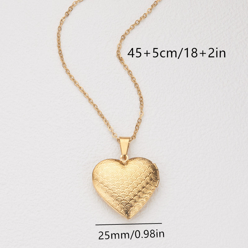 Natural Style Heart-Shaped Opening Photo Frame Necklace in Stainless Steel with Polished Titanium Steel Pendant